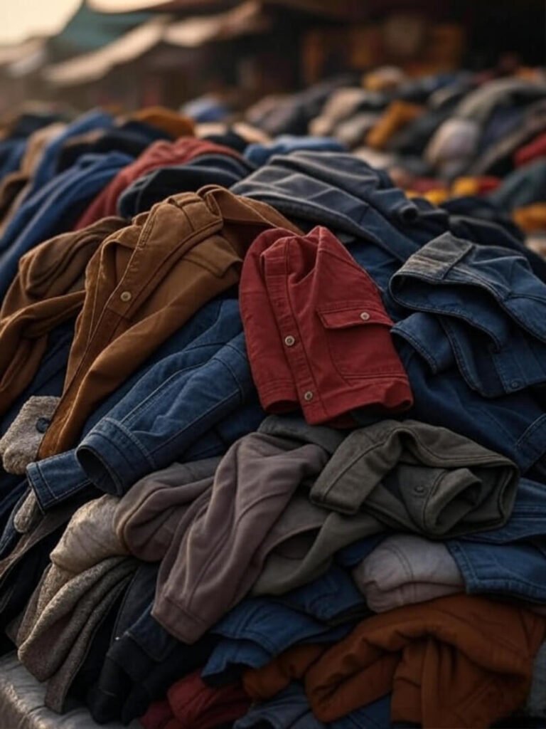 Tilted pile of colorful jackets and gloves at vibrant market stall.