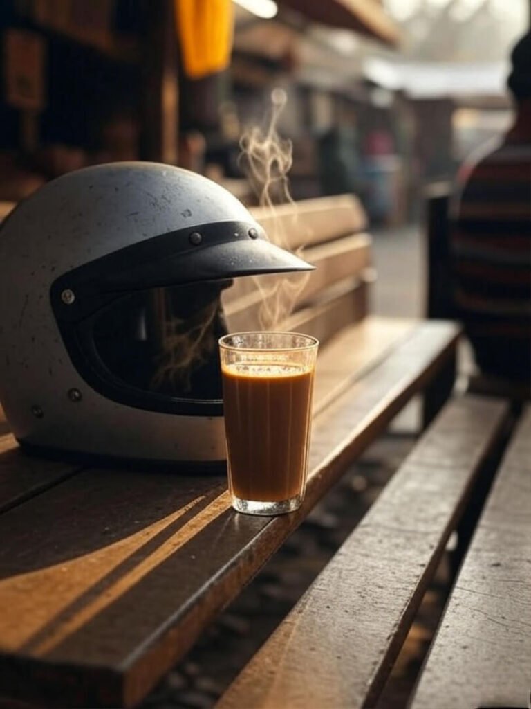 Modular helmet beside steaming chai glass at stall.