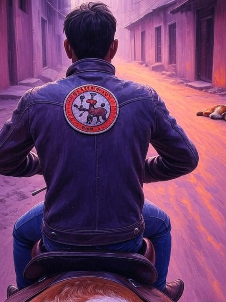 Rider adjusts jacket, dog naps in dusty alley.