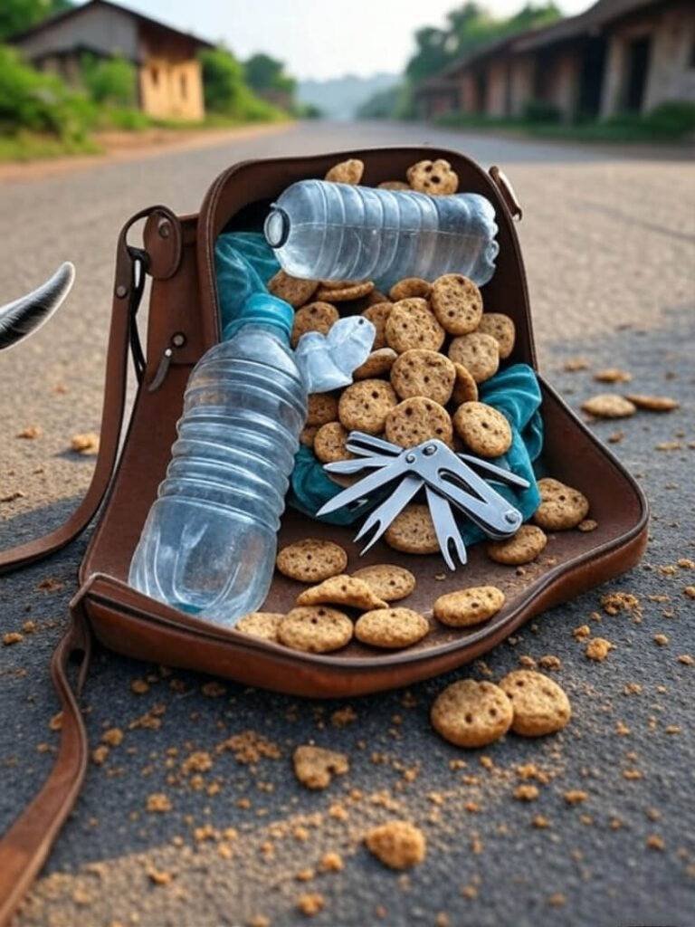 Chaotic saddlebag spill with multi-tool, biscuits, goat ear.