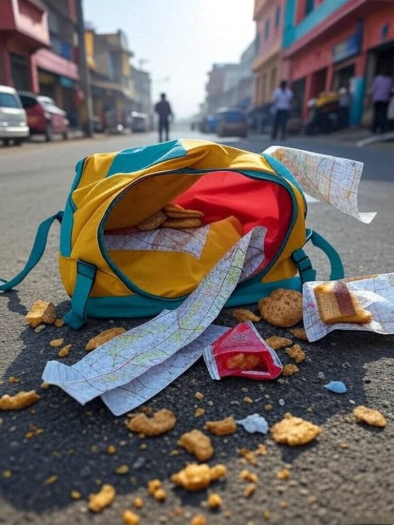 Open pannier spills map, biscuits on chaotic roadside.