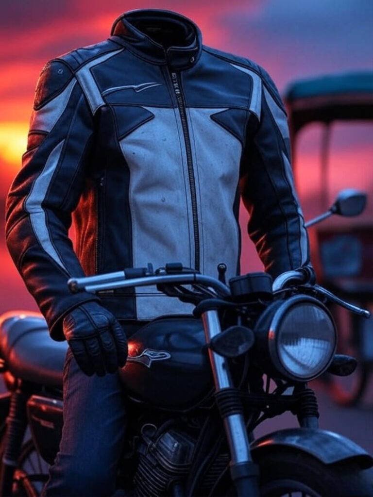 Alpinestars jacket on bike, fiery Gujarat sunset.