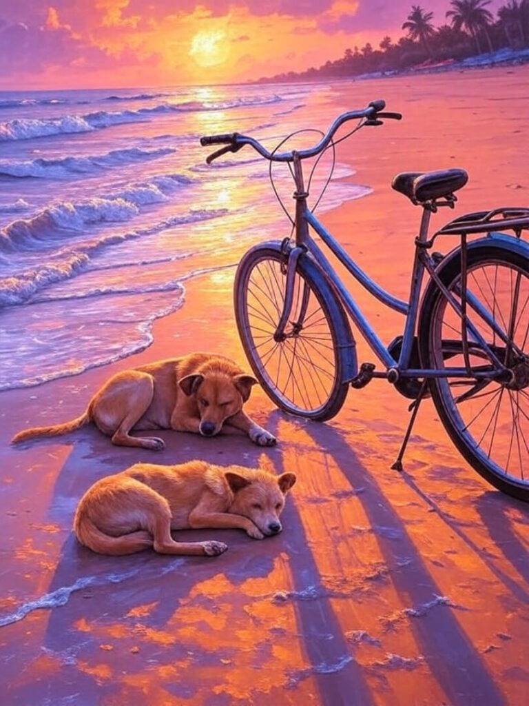 Bike on Goa beach, dog naps, vibrant sunset.
