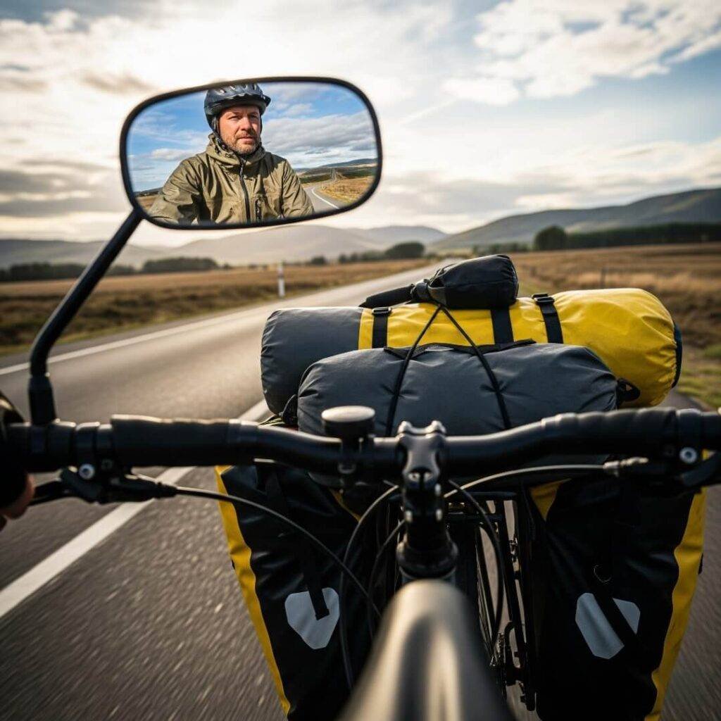 A biker's reflection in a bike mirror.