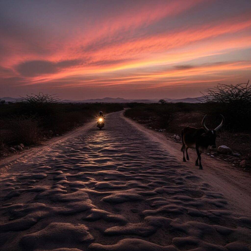 Motorcycle on a bumpy road at twilight.