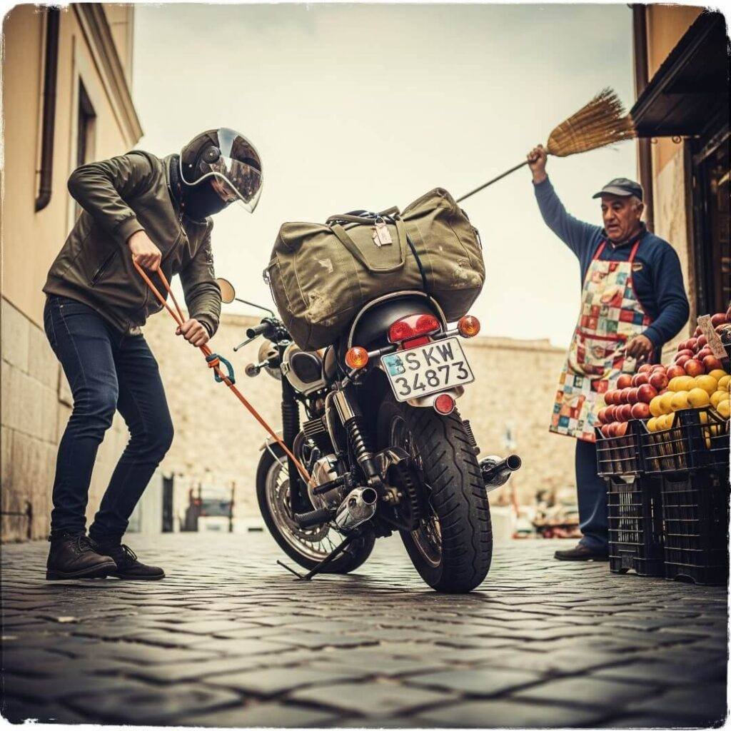 A person struggling to pack a motorcycle.