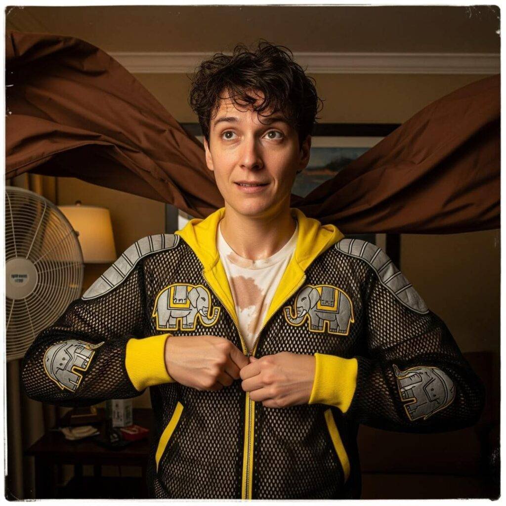 Woman zipping a mesh jacket in a hotel room.