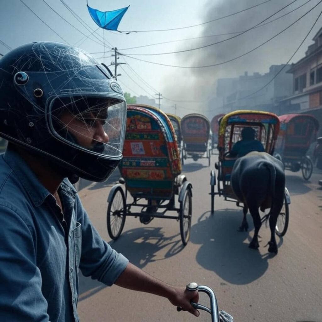 Rider POV, scratched visor, rickshaws, tangled kite.