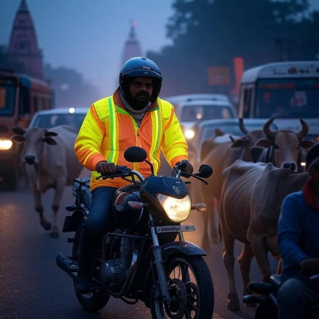 Rider in glowing jacket dodges cows, temple haze.