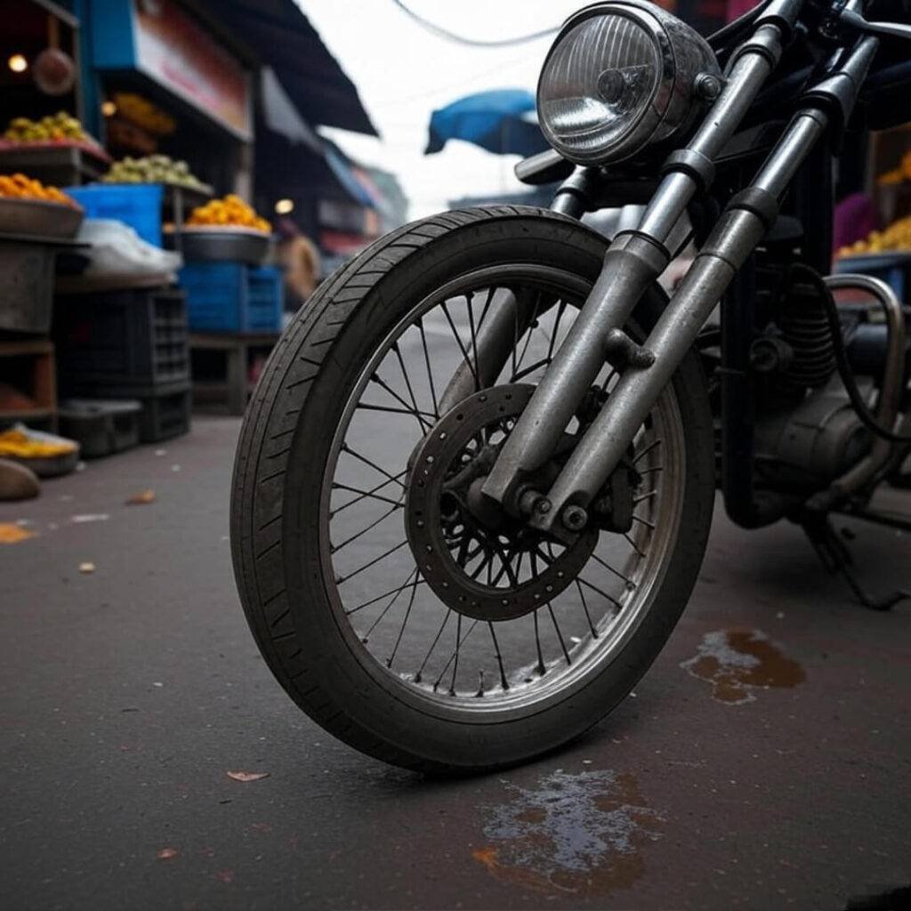 Motorcycle wheel braking, spilled chai, chaotic Indian market.