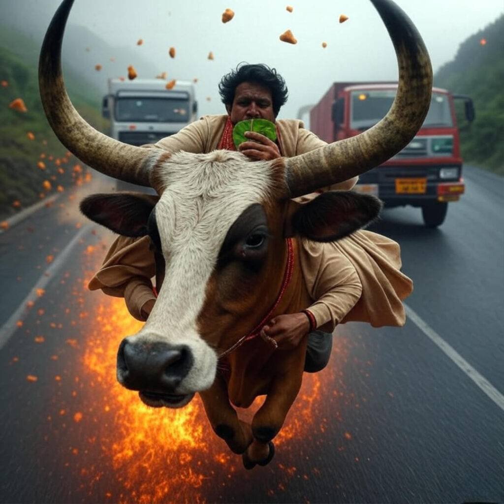 Rider clenches betel leaf, cow horns frame foggy trucks."
