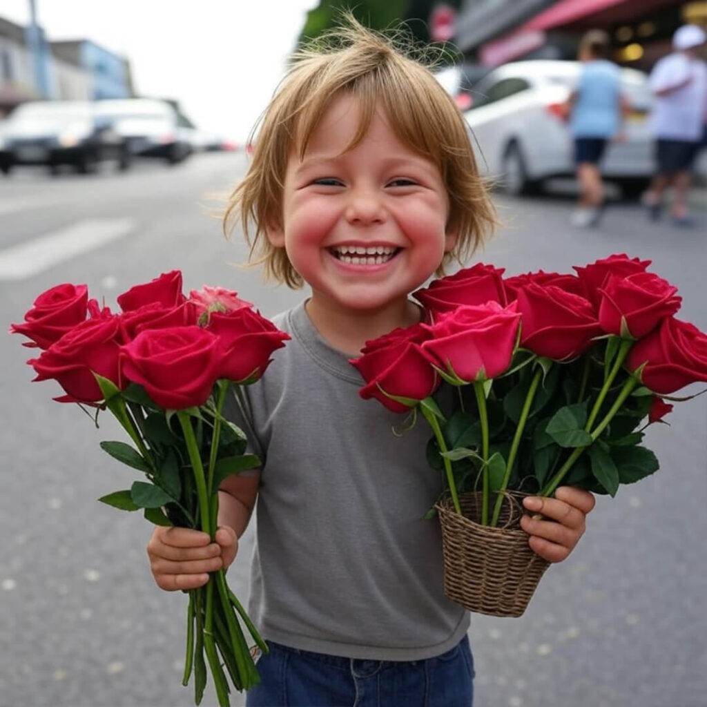 Kid sells roses at signal, grins brightly.