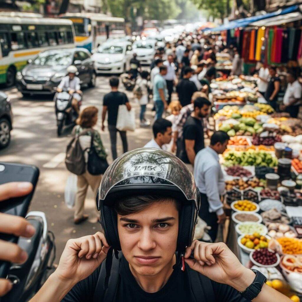 Awkward helmet selfie in a market.