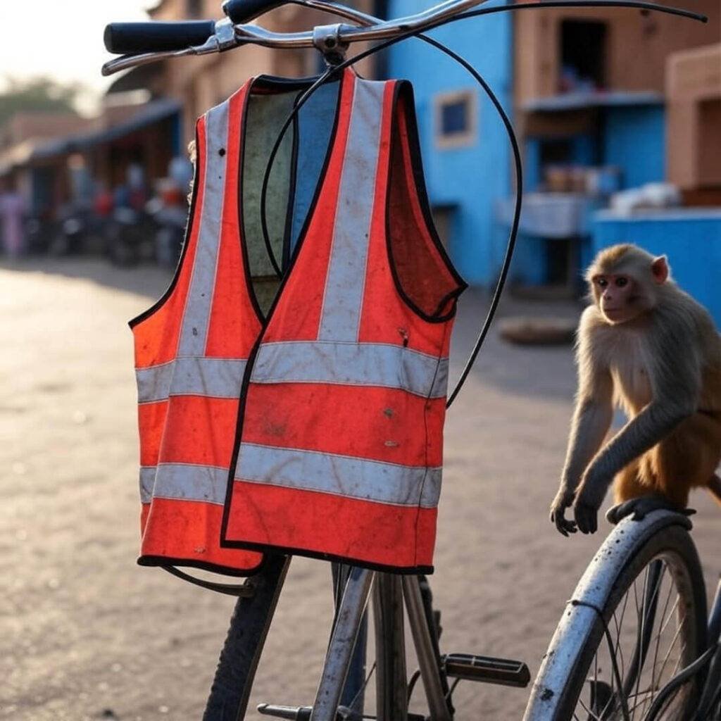 Beat-up neon vest on bike, curious monkey nearby.