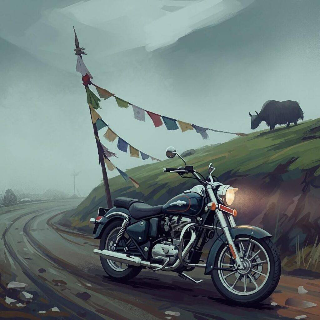 Cruiser on misty Himalayan road, prayer flags, yak.