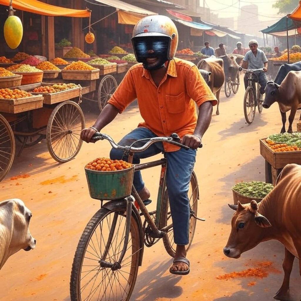 Chaotic market, bike dodging cows, dangling mango.