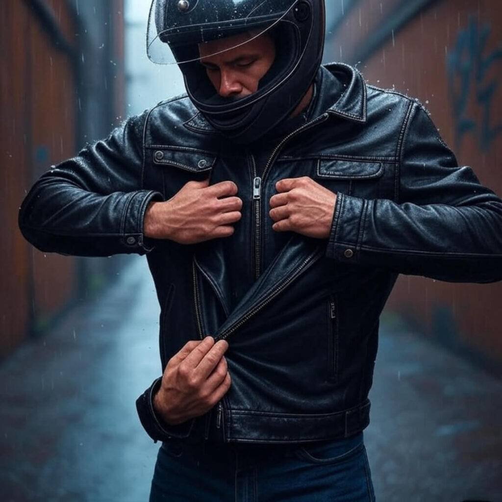 Clumsy hands fumbling jacket in rainy mess.