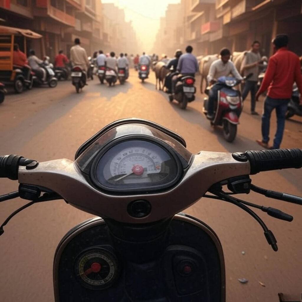Chaotic Delhi street with scooters, cows from handlebar view.