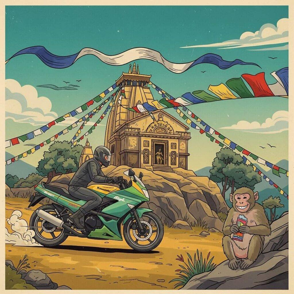 Vintage postcard: Kawasaki Ninja 500 at a Himalayan temple.
