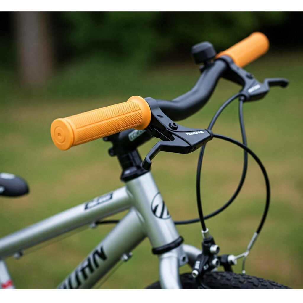 Close-up of beginner bike handlebars, brakes