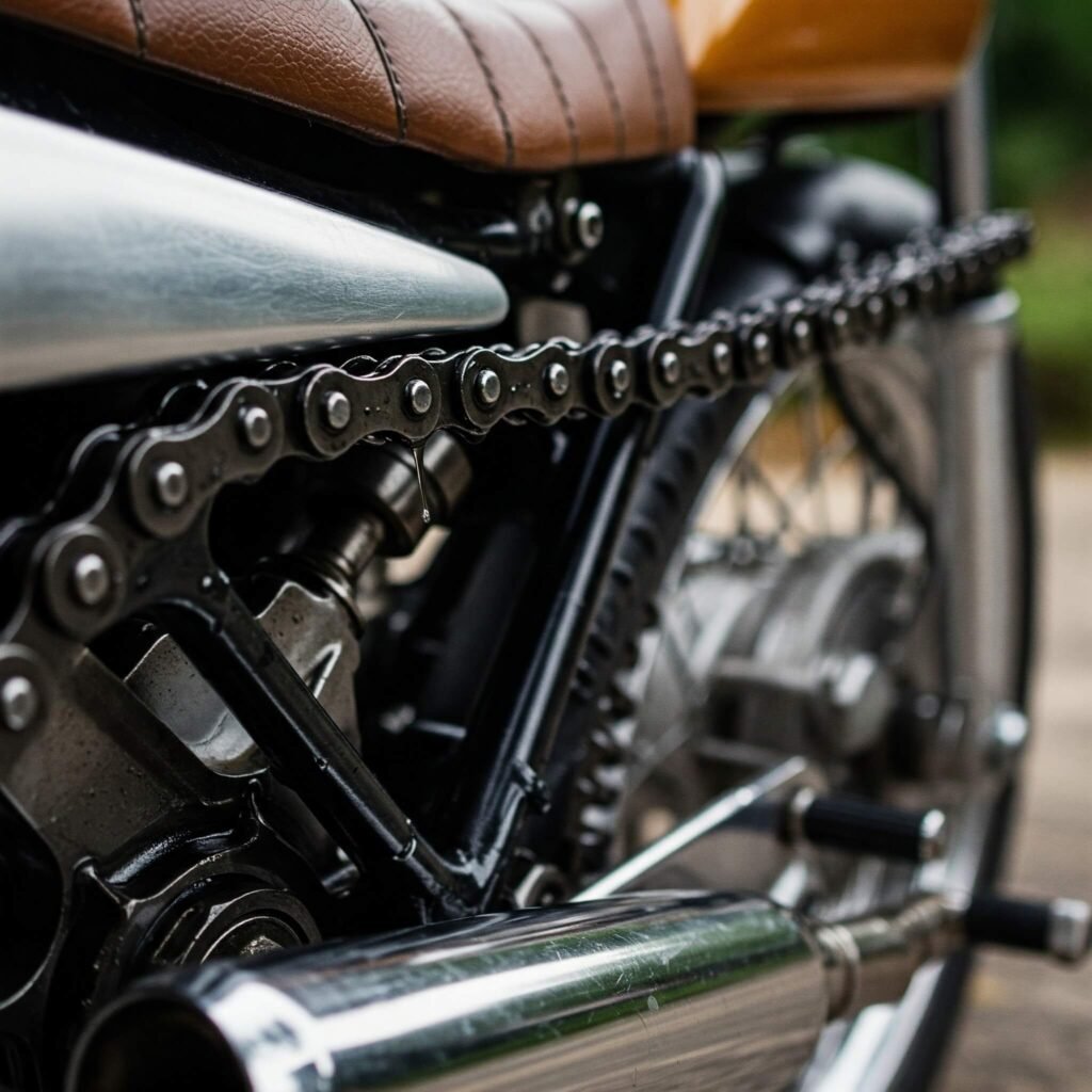 Glistening motorcycle chain macro.