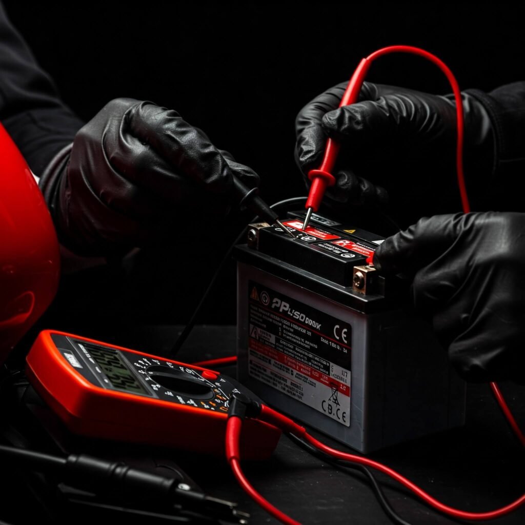 Motorcycle battery testing with multimeter.'