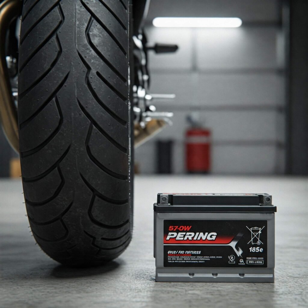 Motorcycle tire and battery on a clean garage floor