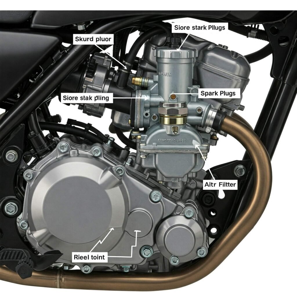 Motorcycle engine close-up: Carburetor, spark plugs