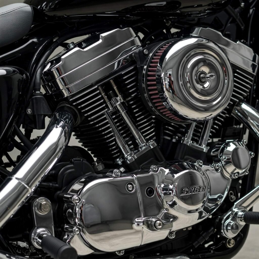 lose-up of a polished motorcycle engine showcasing