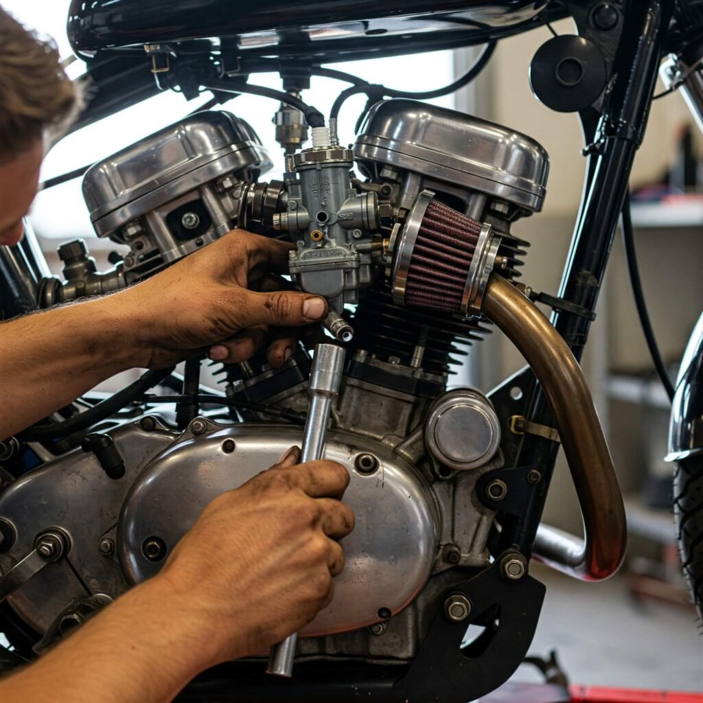 Tuning motorcycle engine for peak performance.
