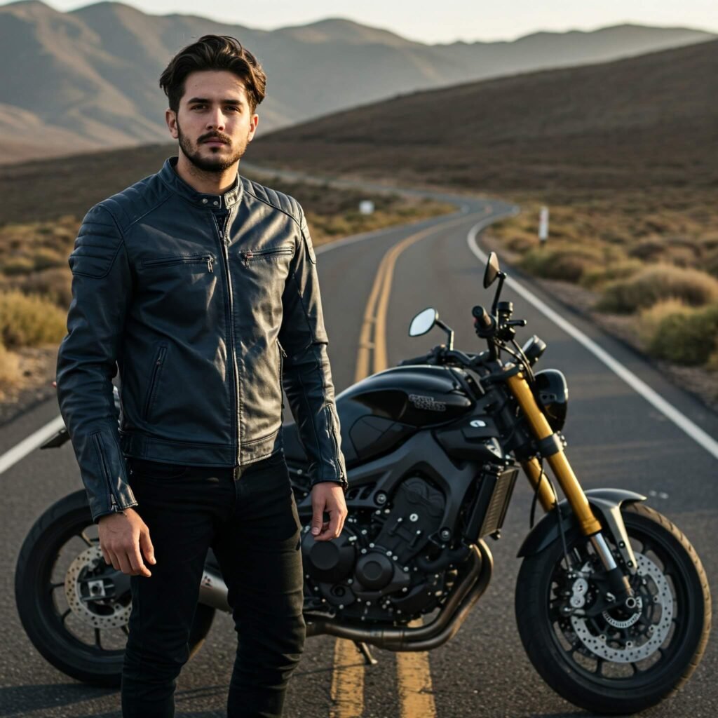 Solo biker leather jacket scenic road