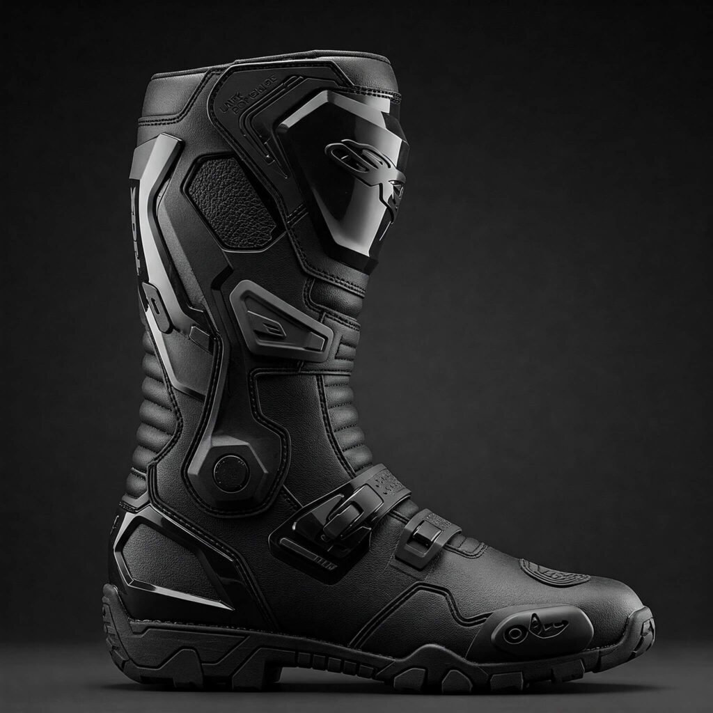 Motorcycle boot close-up: armor and grip