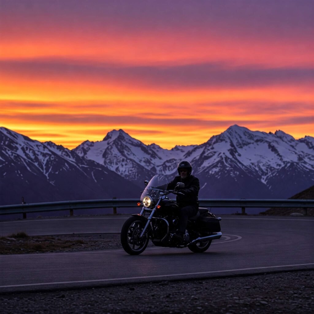 Sunset motorcycle ride in the mountains.