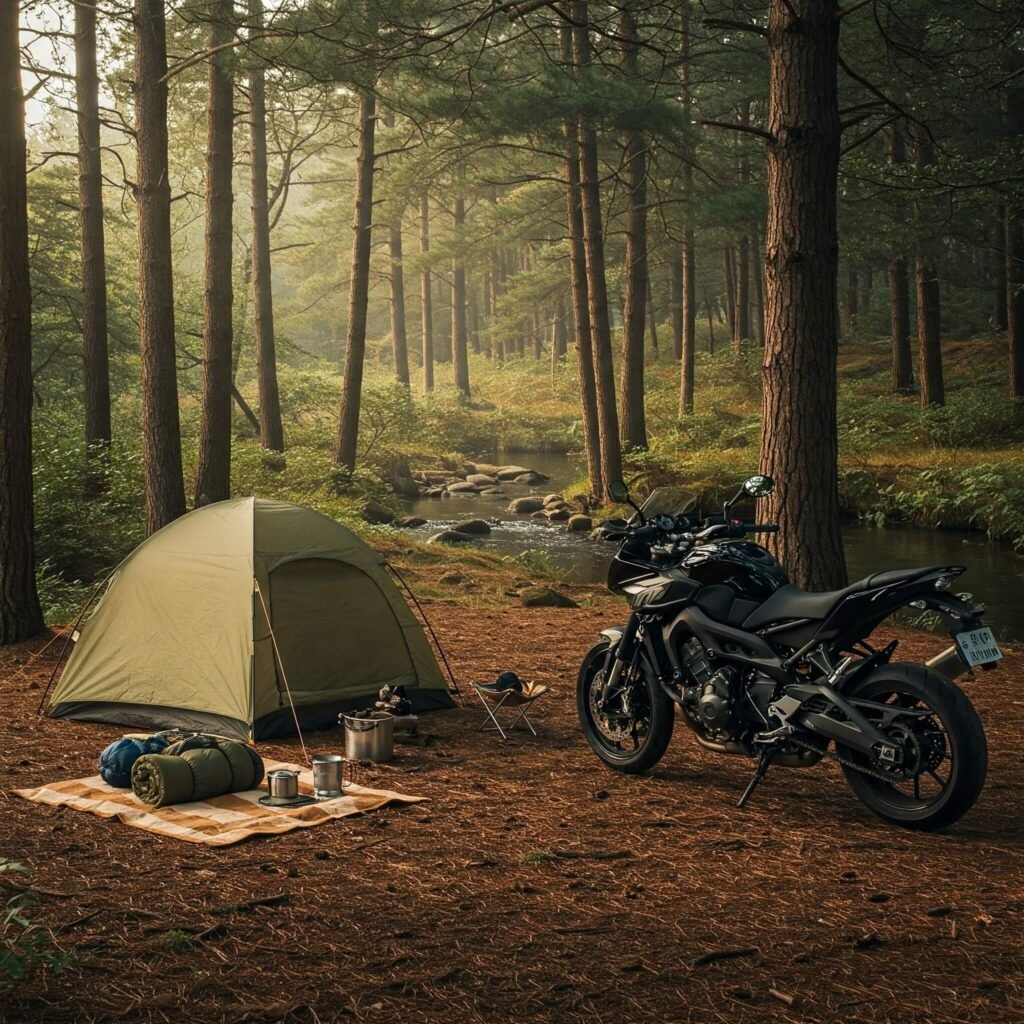 Motorcycle camping in forest.