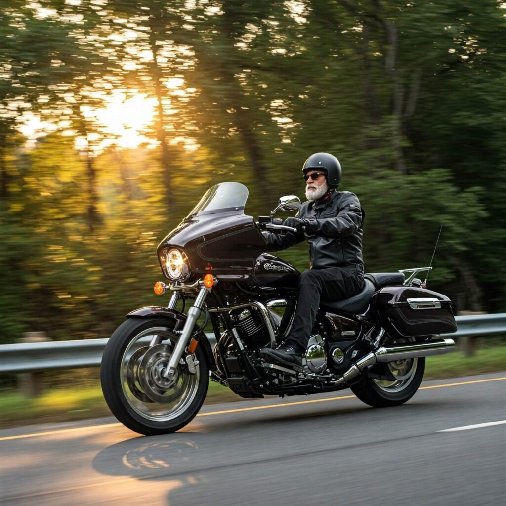 Yamaha Star Venture cruising tree-lined highway.
