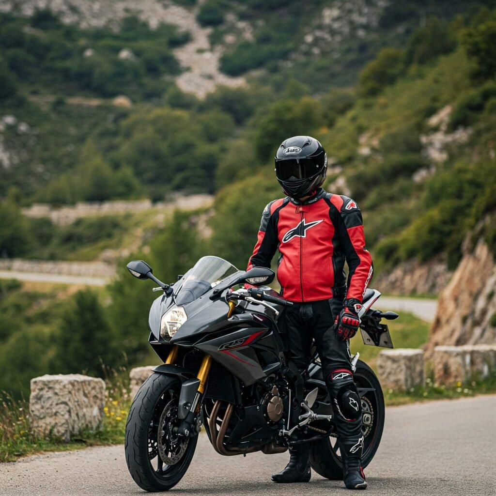 Rider in safety gear with motorcycle on mountain road.