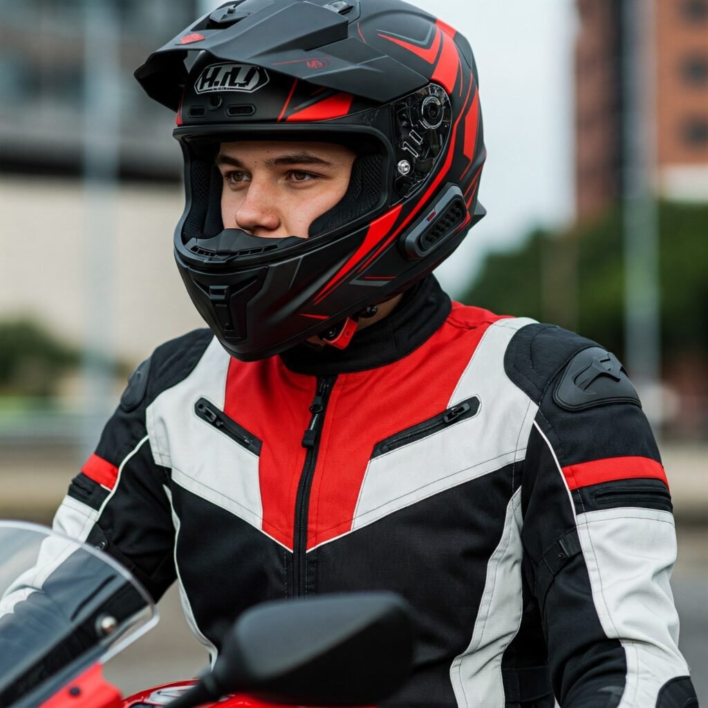 Motorcyclist safety gear close-up.