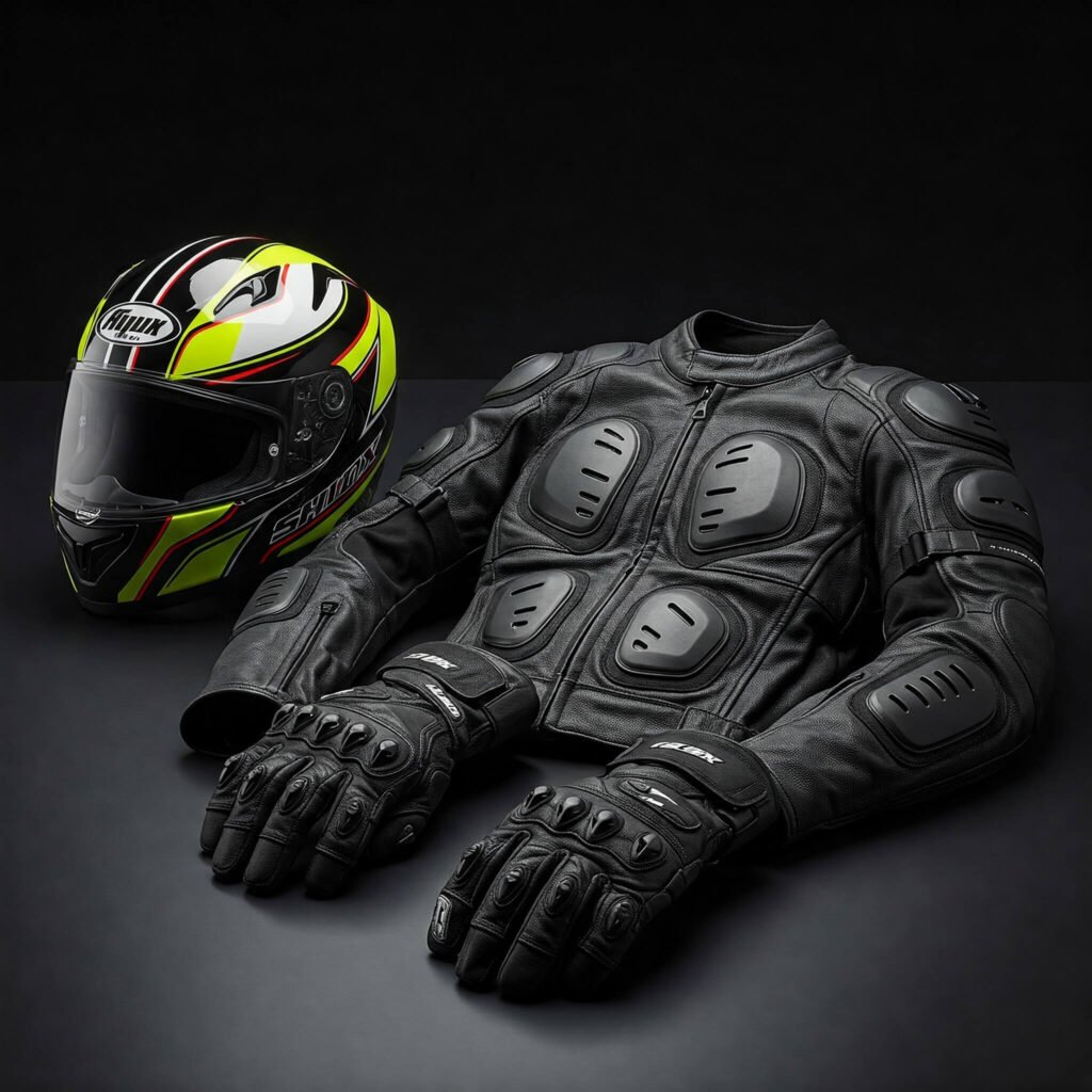 Detailed motorcyclist safety gear close-up