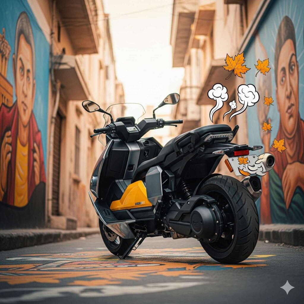BMW CE 04 parked amid colorful Indian street art.

