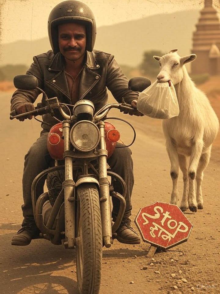 Vintage motorcyclist, dusty road, goat, crooked stop sign