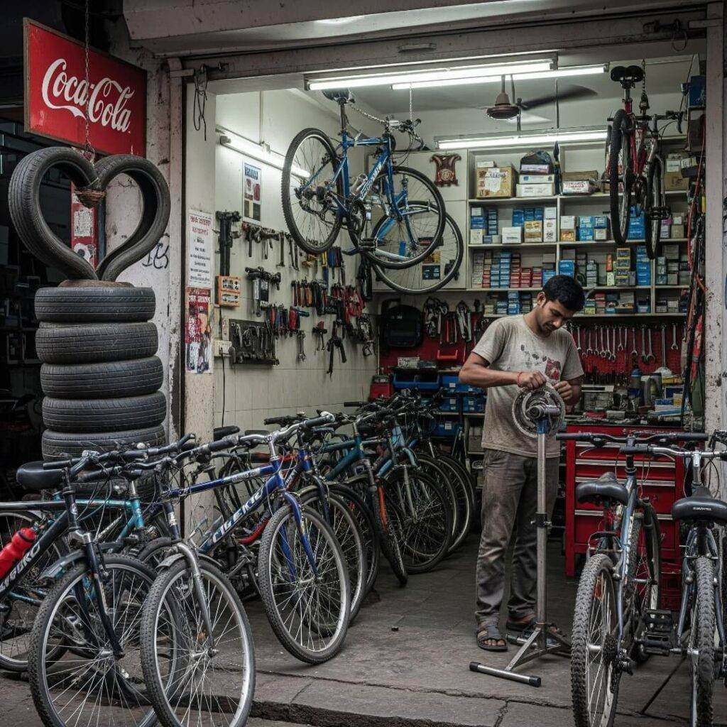 Delhi bike shop with mechanic and heart-shaped tire stack.