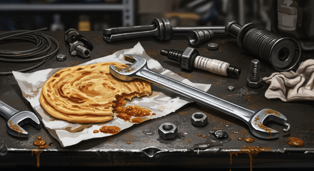 Spark plug wrench and paratha on a greasy workbench.