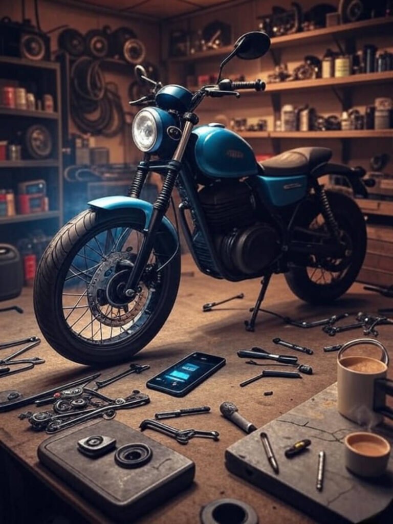 Cluttered garage, electric bike, chai, cracked phone.