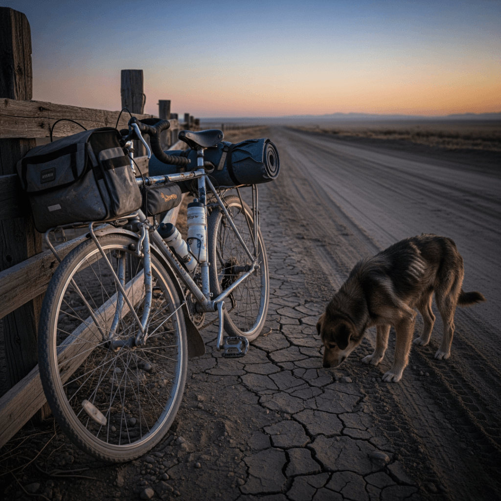 Bike leaning on a dusty road at twilight with a stray dog.