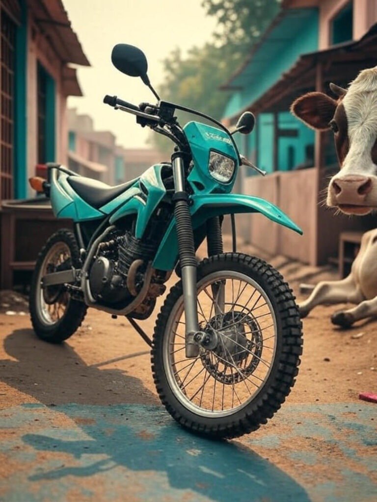 Kawasaki KLX110 at chai stall with curious cow.