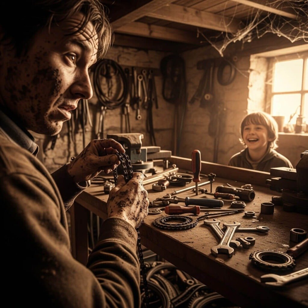 Mud-covered person fixing bike, child giggling.