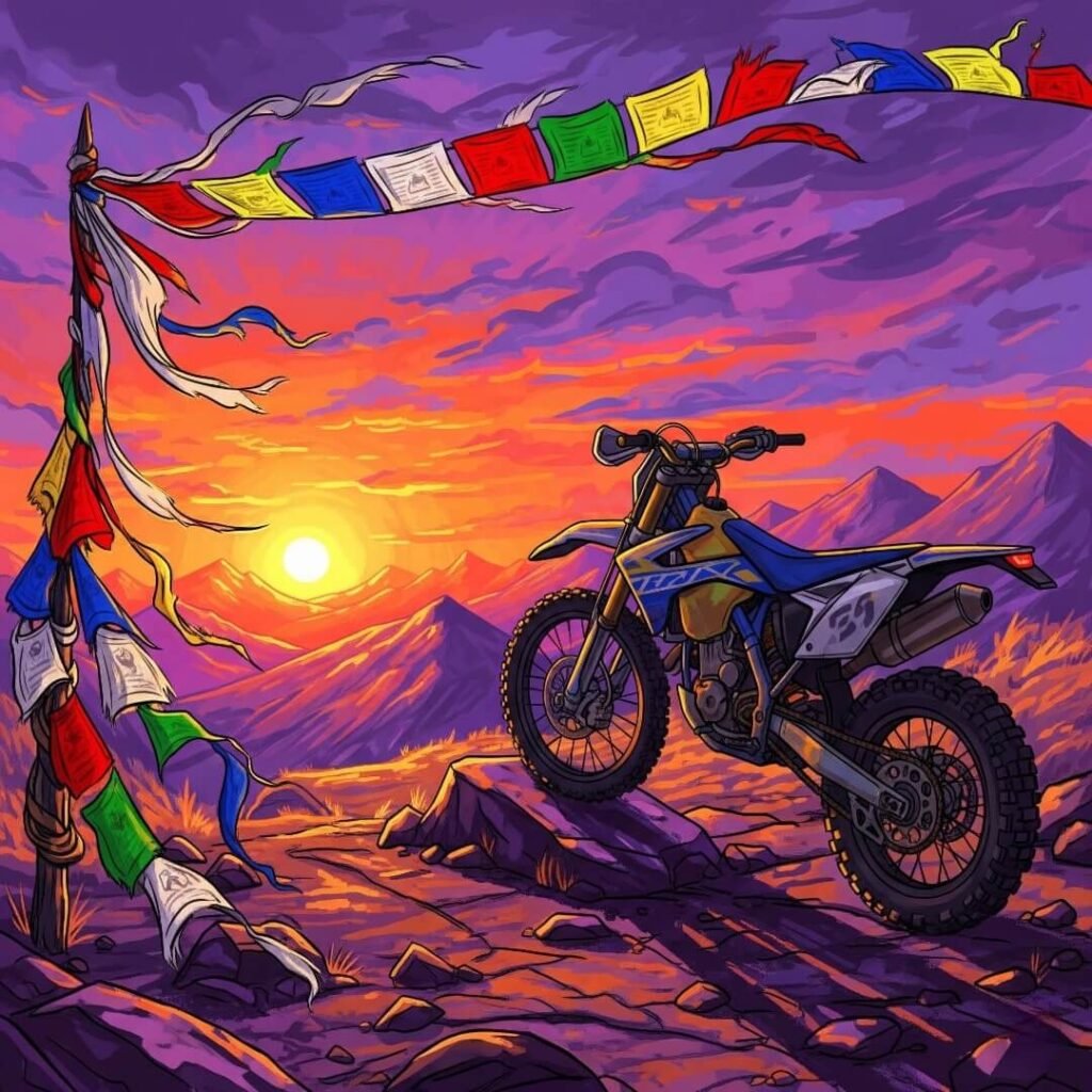 Dirt bike on a rocky trail with prayer flags at sunset.