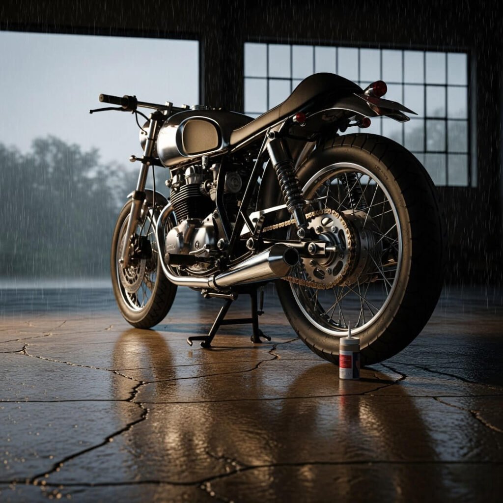 Motorcycle gleaming on garage floor, rain outside window.
