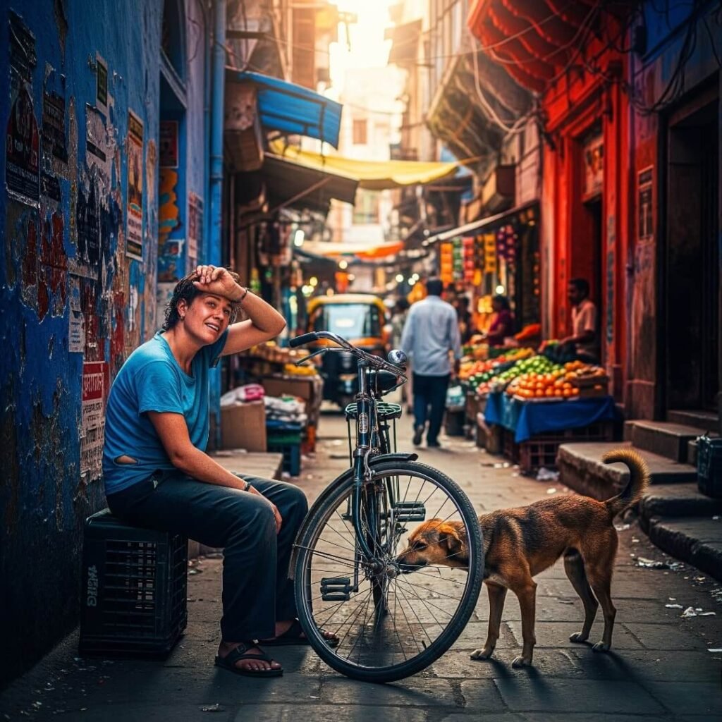 Person and bike in Indian alley with dog.