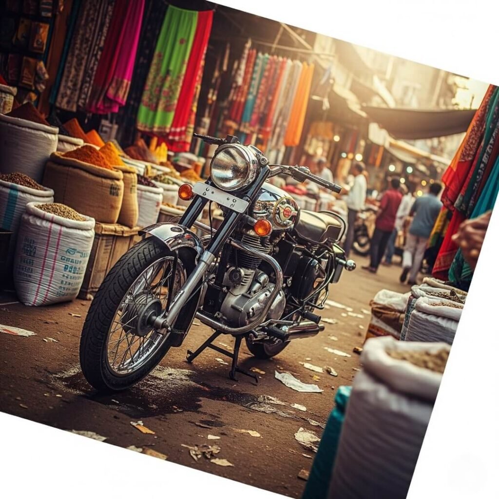 Gleaming motorcycle in bustling Indian market.